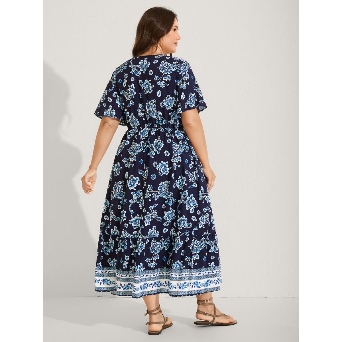 Plus Size Rayon Stretchy Waist Lace Midi Dress BlackFlower Women V-neck Short sleeve Curvy BloomChic 10/M Product Image