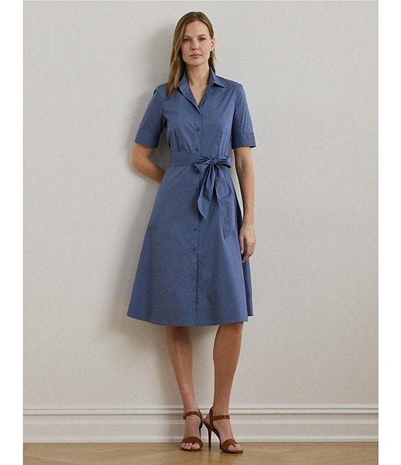 Lauren Ralph Lauren Stretch Cotton Blend Point Collar Elbow Length Sleeve Button Front Shirt Dress Product Image