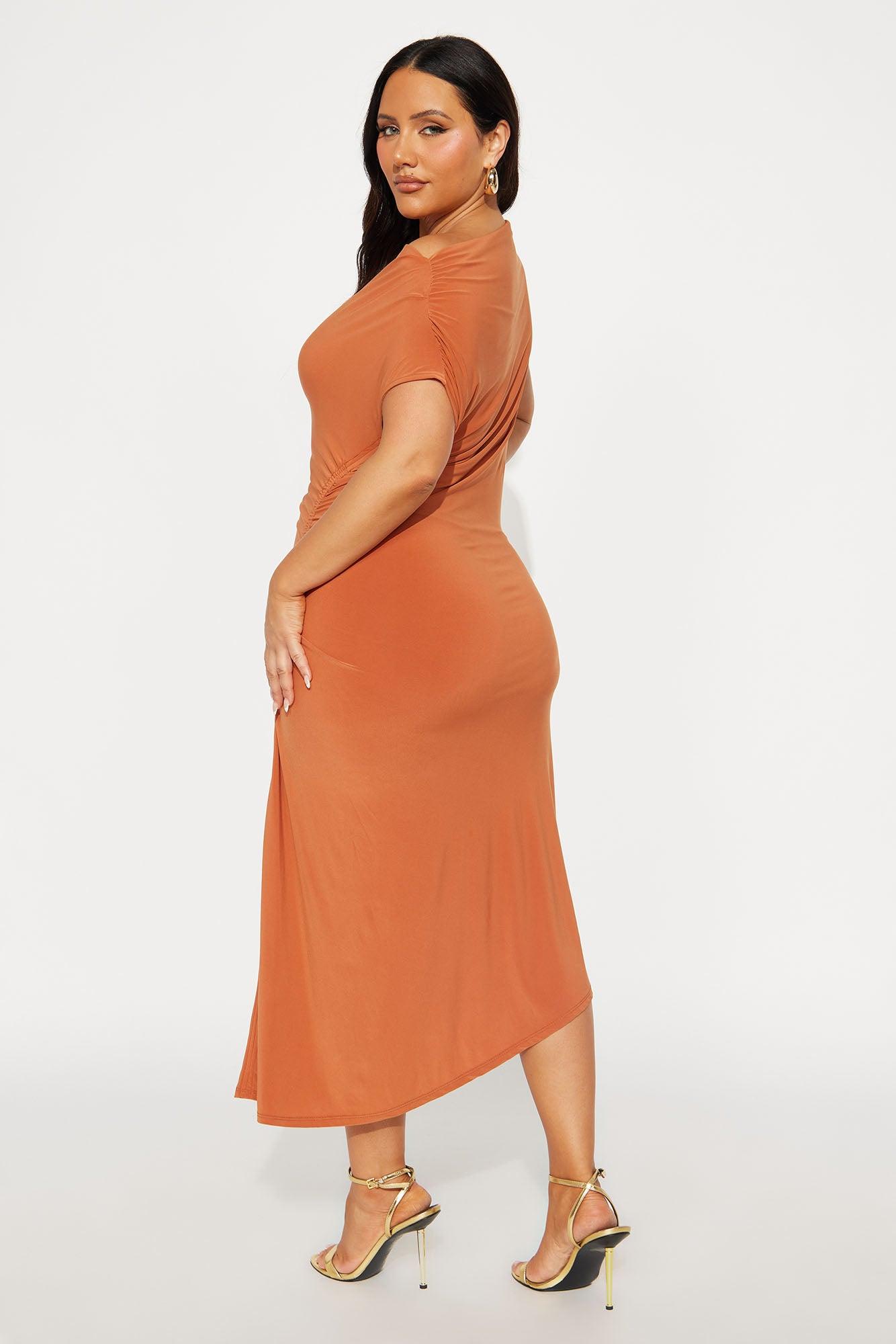 Alexia Asymmetrical Ruched Midi Dress - Rust Female Product Image