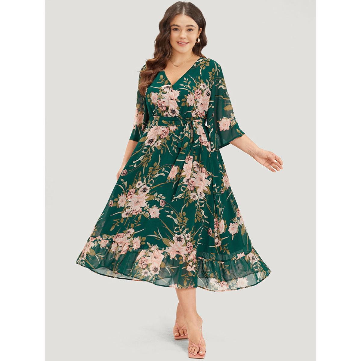 Plus Size Floral Print Surplice Neck Belted Dress DarkGreen Women Elegant Lined V-neck Elbow-length sleeve Curvy Midi Dress BloomChic 22-24/3X Product Image