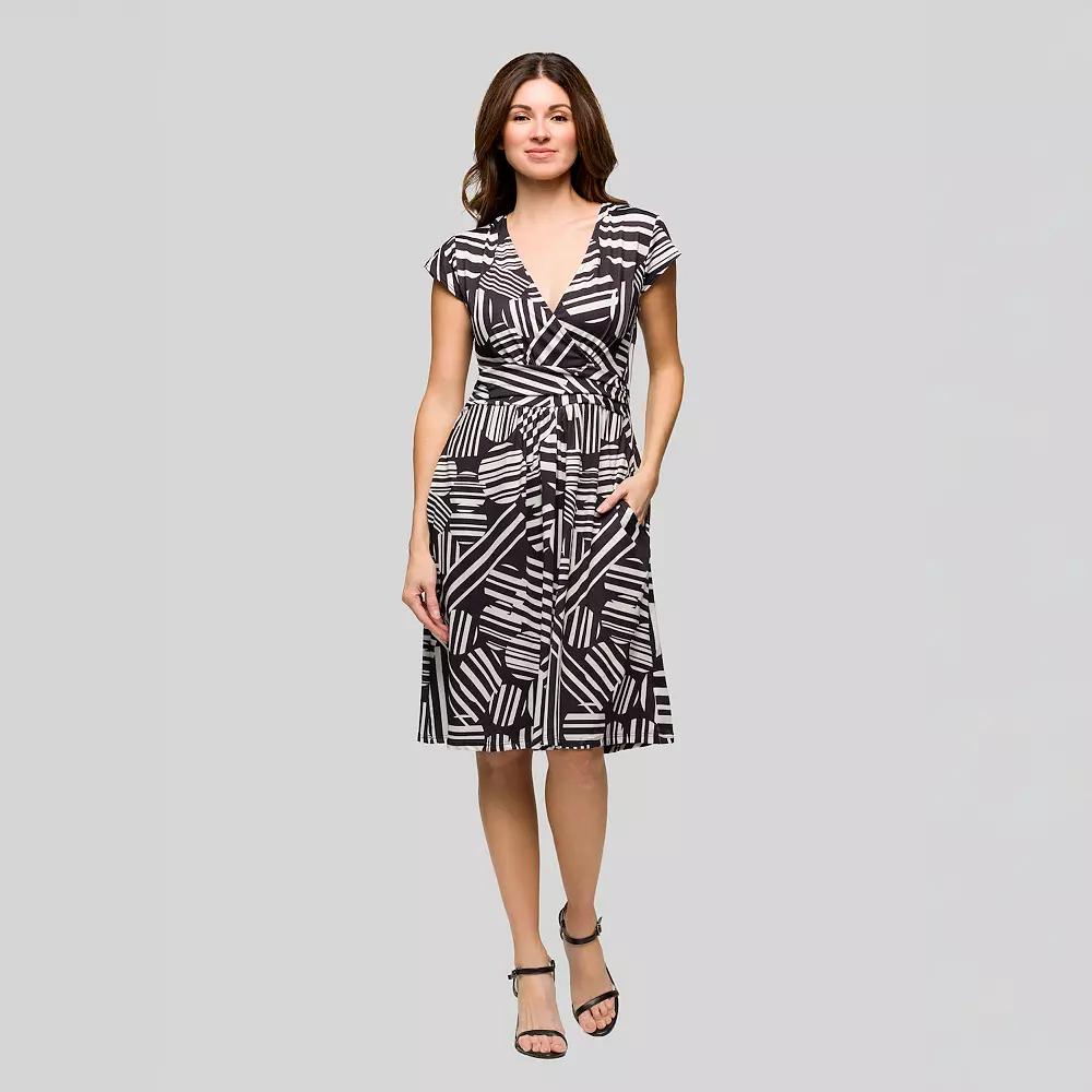 Women's 24Seven Comfort Apparel Black & White V-Neck Cap Sleeve Midi Dress, Size: Medium, Black Team Product Image