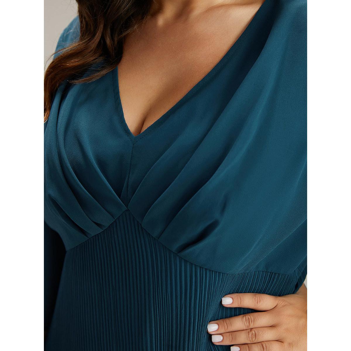 Plus Size Plain Chiffon Pleated V Neck Mesh Dress Cerulean Women Office See through V-neck Elbow-length sleeve Curvy Midi Dress BloomChic 18-20/2X Product Image