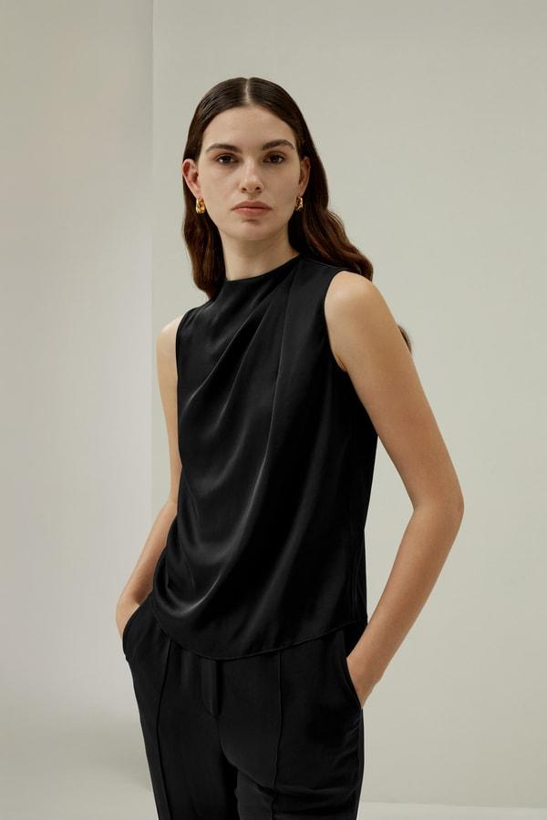 LILYSILK Silk Sleeveless Top - for Women - Black Silk Double Joe - Distinctive Half-Turtleneck Tops L Product Image