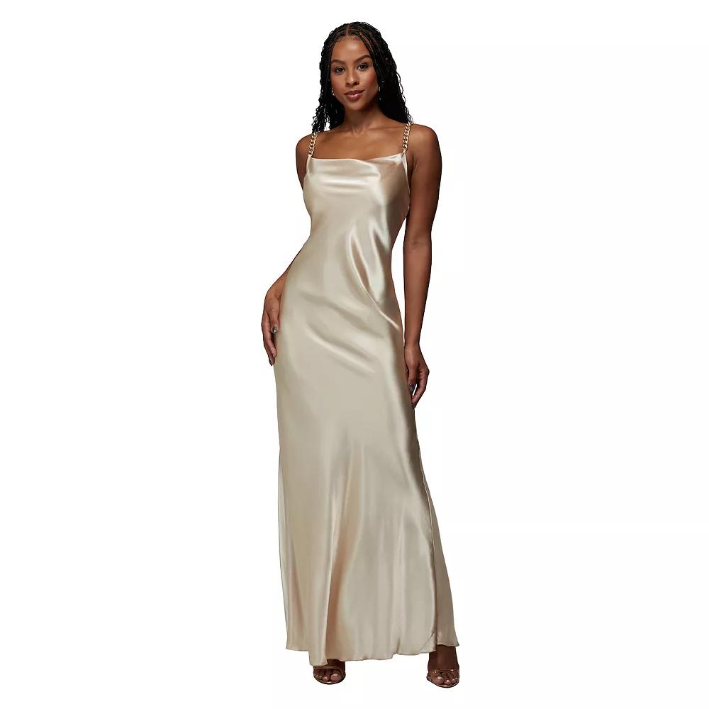 Women's bebe x Ciara Satin Chain Strapped Maxi Slip Dress, Size: Large, Beige Product Image