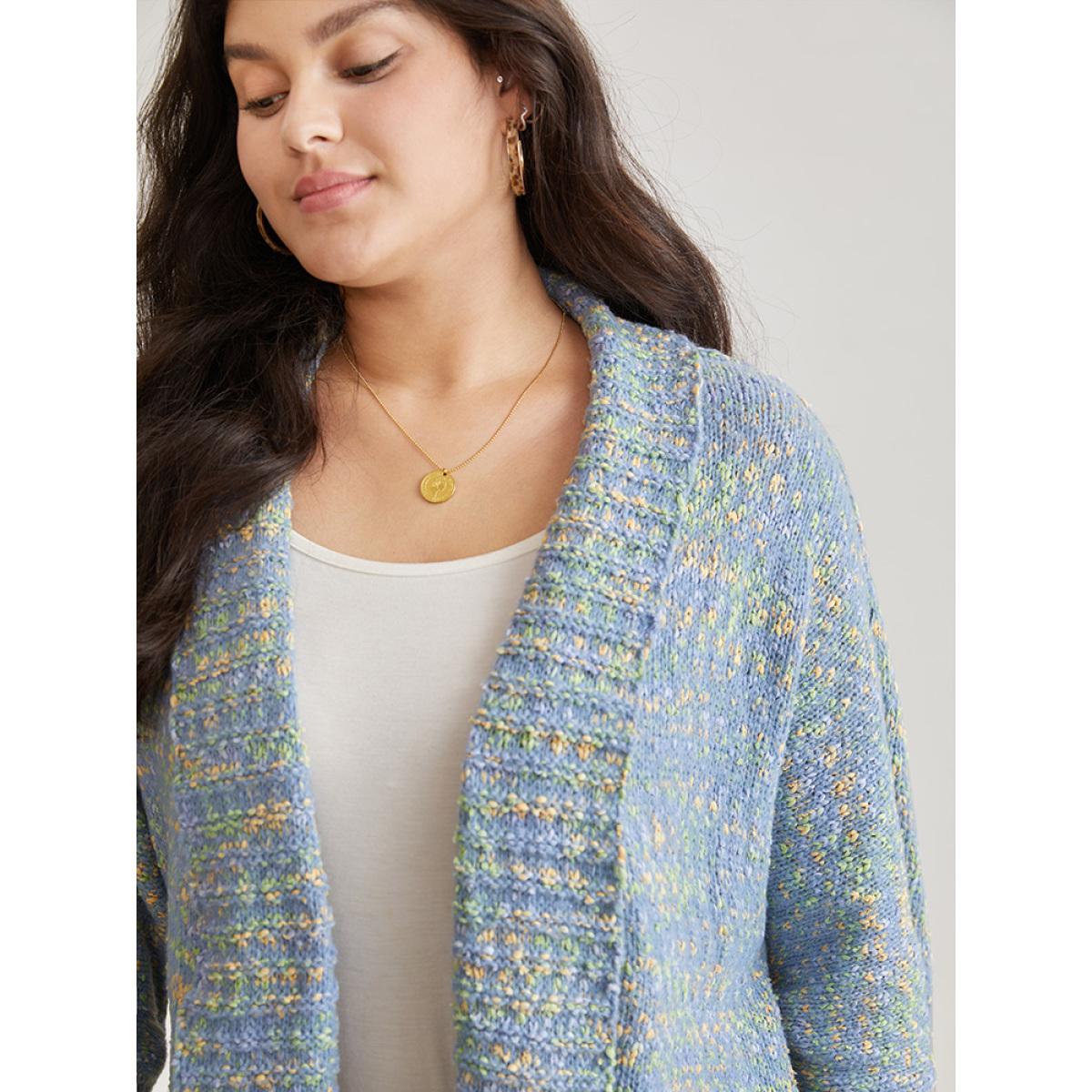 Plus Size Heather Contrast Lapel Collar Curved Hem Cardigan LightBlue Women Casual Loose Long Sleeve Dailywear Cardigans BloomChic 18-20/2X Product Image