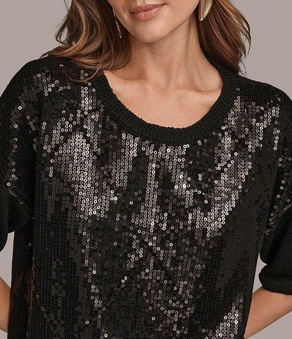 Donna Karan Sequin Diamond Knit Crew Neck Elbow Sleeve Top Product Image