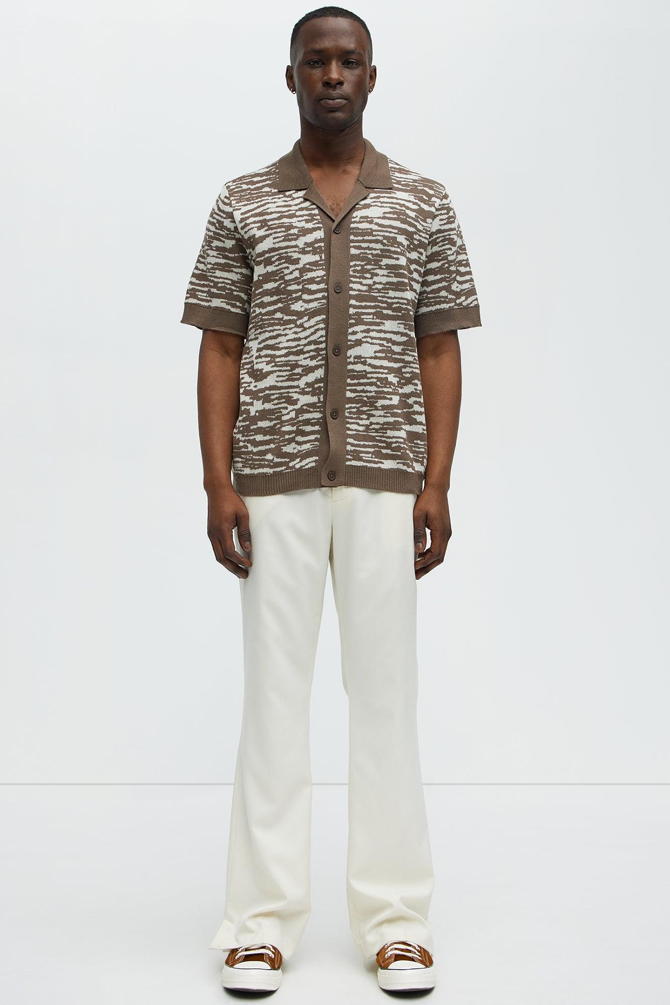 Zebra Pattern Knit Button Down Shirt - Brown Combo Product Image