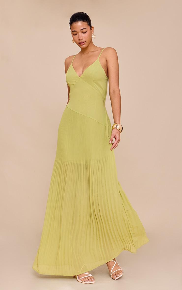 Lime Woven Pleated Hem Detail Spaghetti Maxi Dress Product Image