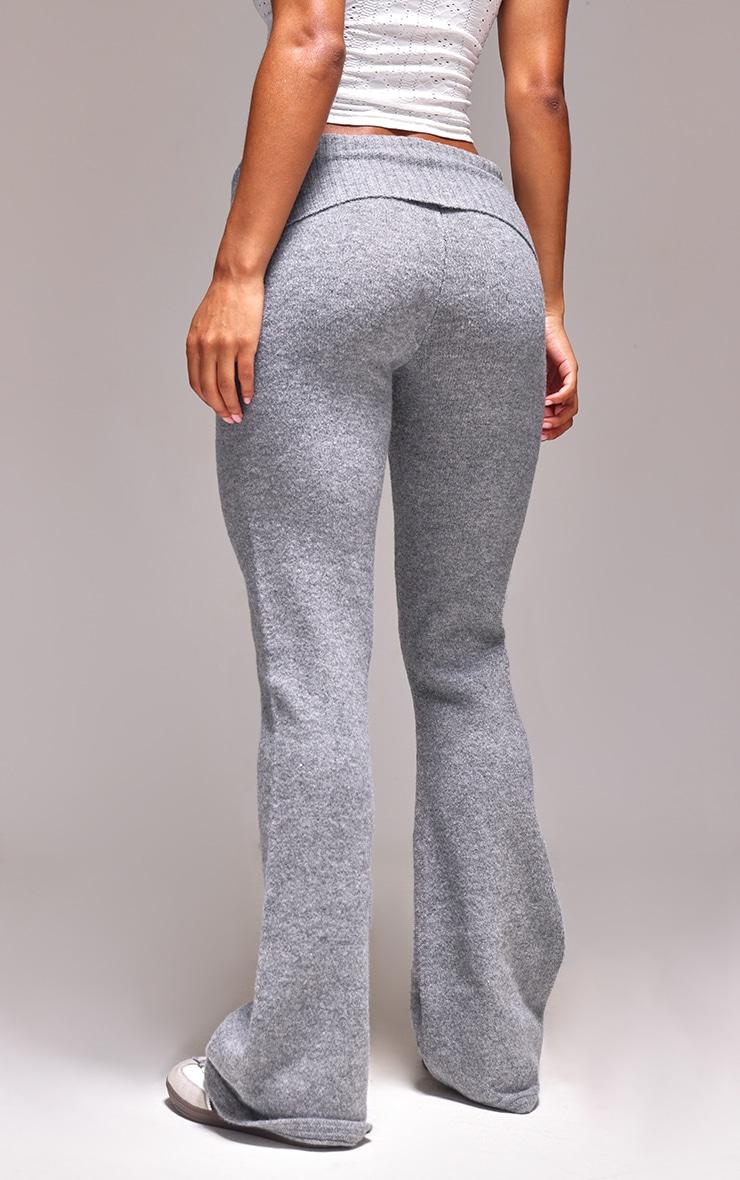 Ash Grey Melange Soft Knit Foldover Waist Flared Pants Product Image