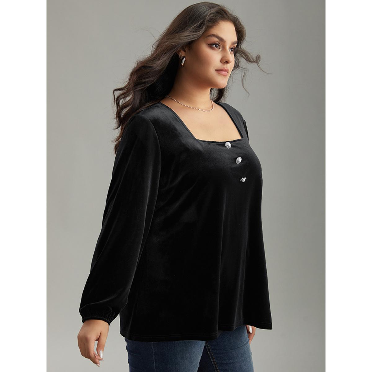 Plus Size Black Velvet Metal Button Detail Blouse Women Leisure Long Sleeve Square Neck Casual Blouses BloomChic 14-16/1X Product Image