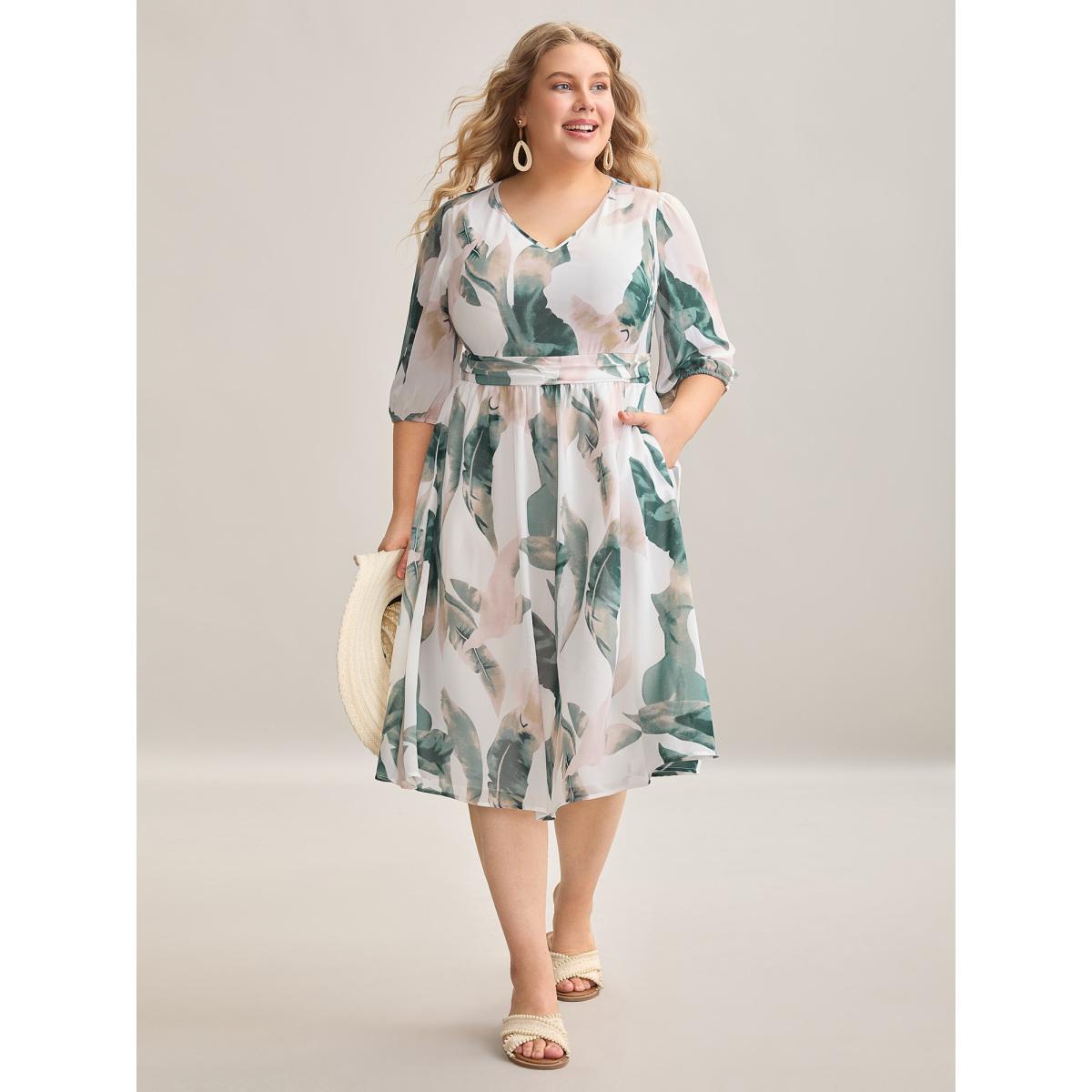 Plus Size Sheer Chiffon Shirred Pockets Midi Dress Malachitegreen Women Resort Gathered V-neck Elbow-length sleeve Curvy BloomChic 28/5X Product Image