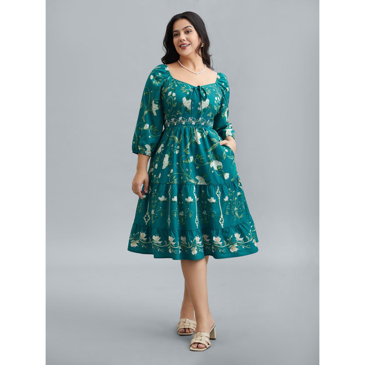 Plus Size Floral Print Lantern Sleeve Tiered Midi Dress Emerald Women Elegant Tie knot Heart neckline Elbow-length sleeve Curvy BloomChic 30/6X Product Image