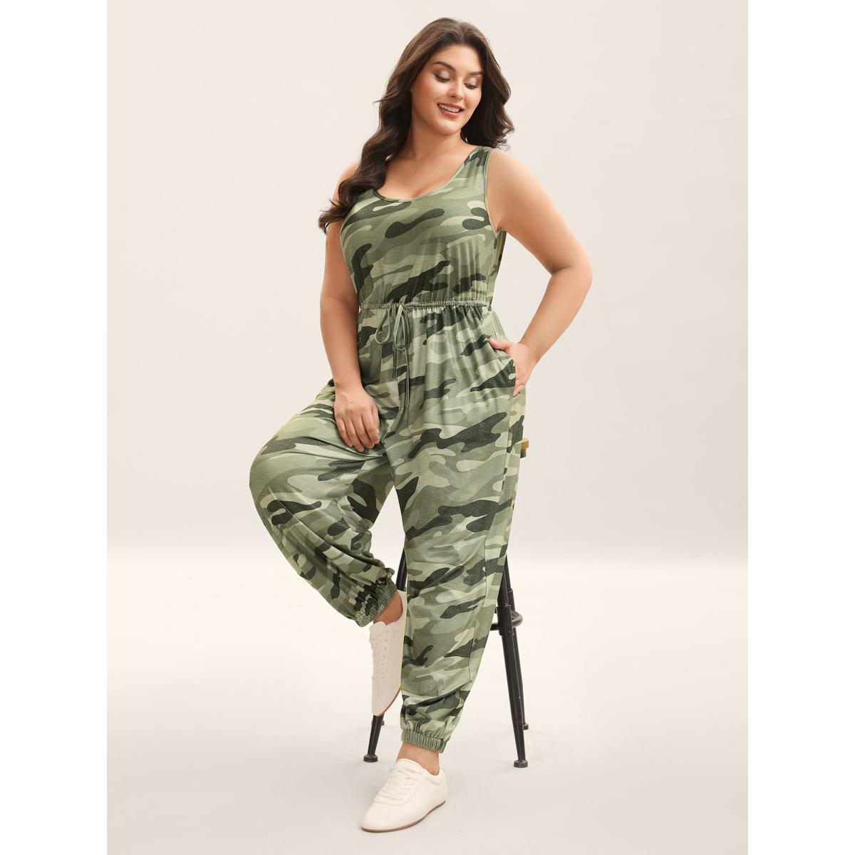 Plus Size Sage Stretchy Waist Camouflage Print Pockets Jumpsuit Women Leisure Sleeveless Round Neck Casual Loose Jumpsuits BloomChic 12/L Product Image