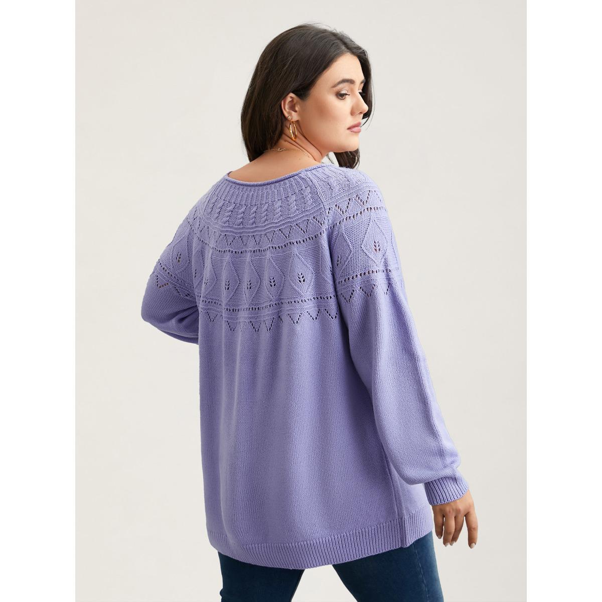 Plus Size Eyelet Trim Cable Knit Round Neck Pullover Lilac Women Casual Loose Long Sleeve Round Neck Everyday Pullovers BloomChic 28/5X Product Image