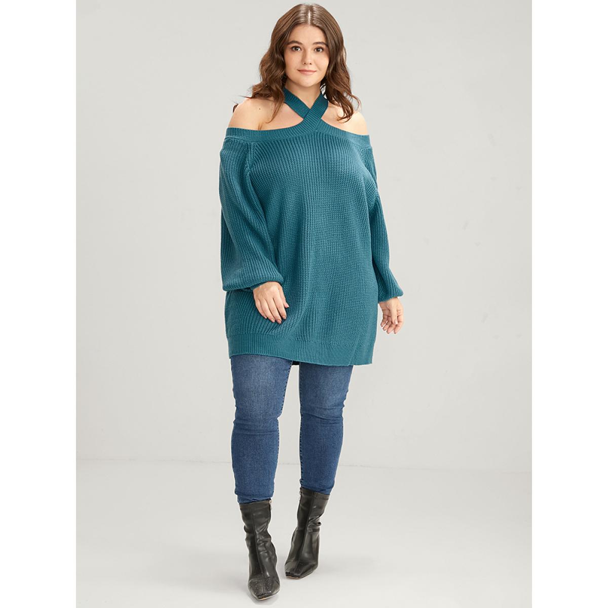 Plus Size Solid Pointelle Knit Lantern Sleeve Cold Shoulder Knit Top Aegean Women Casual Loose Long Sleeve Cold Shoulder Everyday Pullovers BloomChic 28/5X Product Image