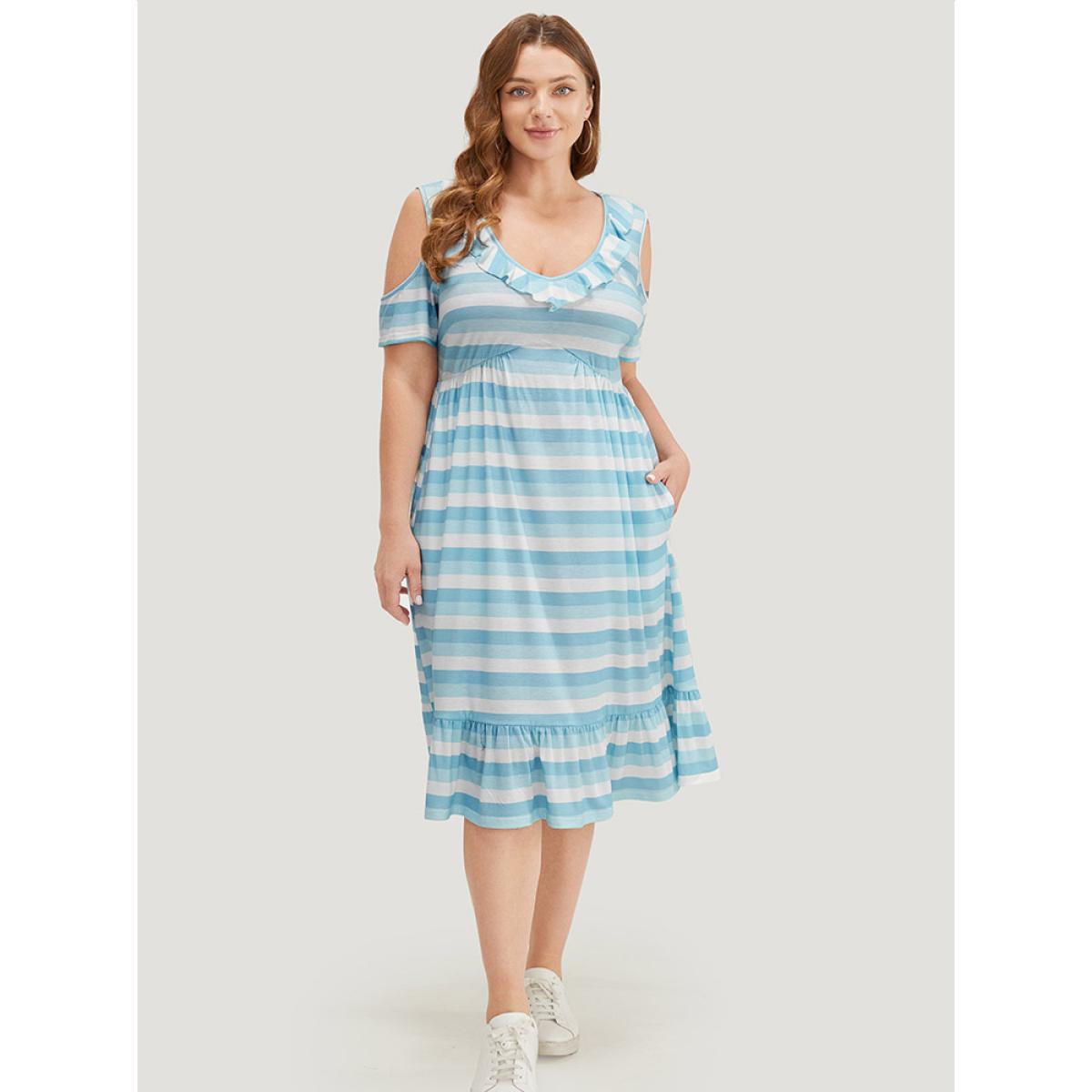 Plus Size Striped Contrast Pocket Ruffle Trim Cold Shoulder Dress LightBlue Women Casual Contrast Cold Shoulder Short sleeve Curvy Midi Dress BloomChic 26/4X Product Image