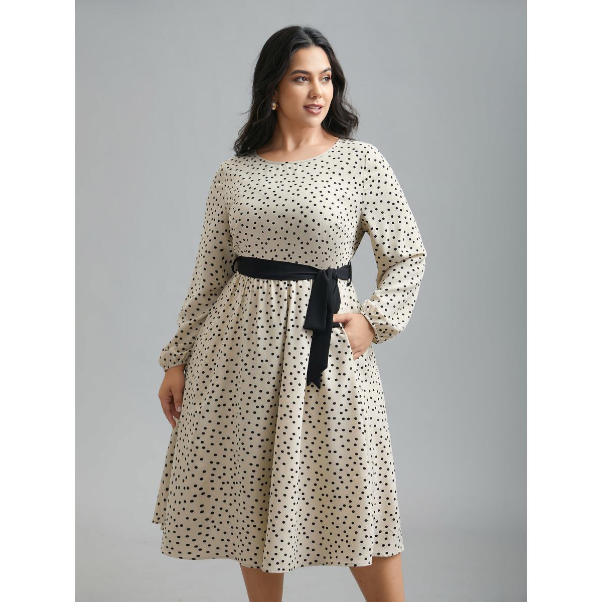 Plus Size Round Neck Polka Dot Waist-Tie Midi Dress Apricot Women Elegant Belted Round Neck Long Sleeve Curvy BloomChic 30/6X Product Image