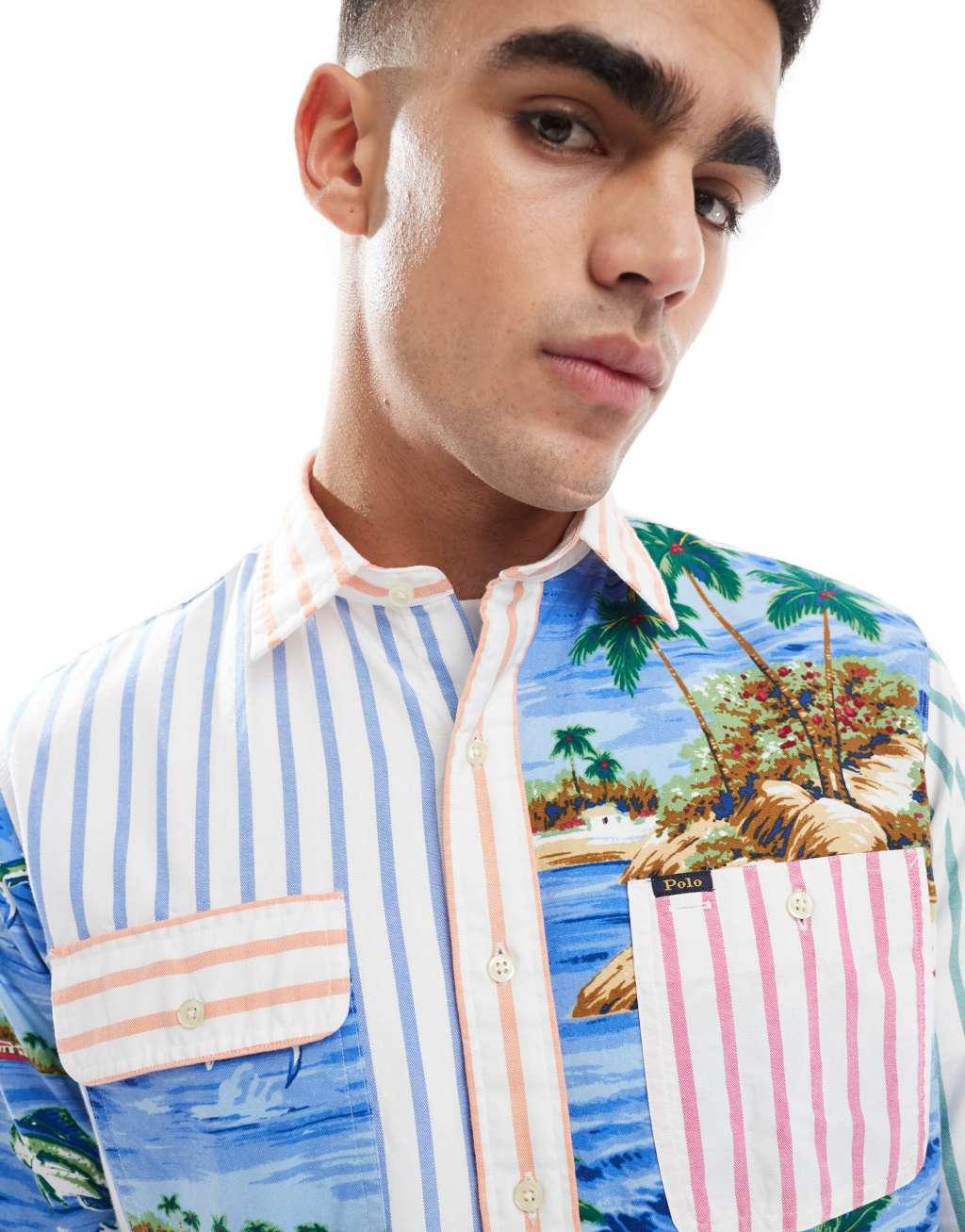 Polo Ralph Lauren tropical patchwork print oxford shirt classic oversized fit in dark blue Product Image