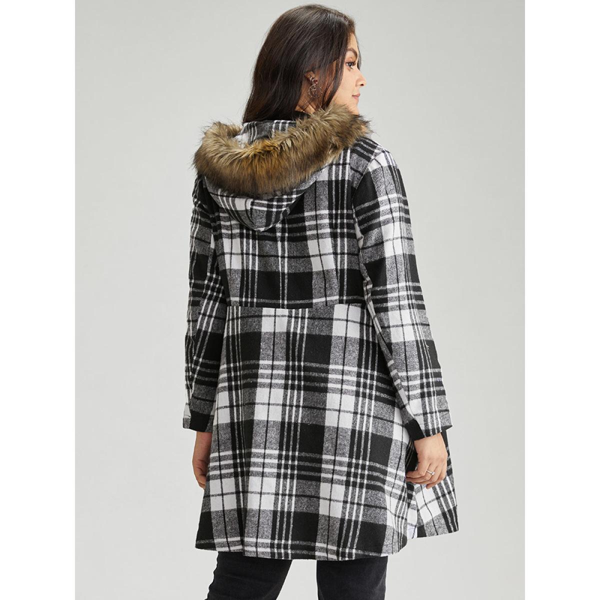 Plus Size Plaid Patchwork Duffle Button Fuzzy Trim Coat Women Black Casual Lined Ladies Dailywear Winter Coats BloomChic 30/6X Product Image