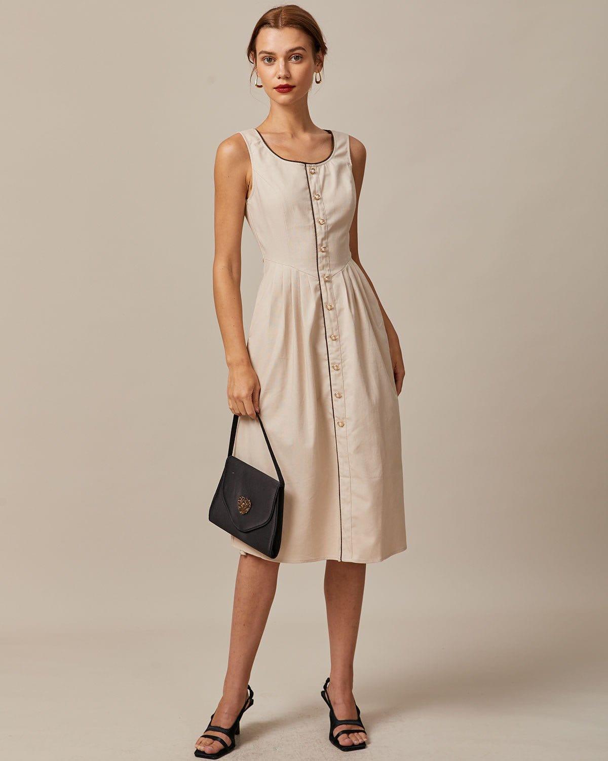 The Khaki Round Neck A-Line Midi Dress Product Image