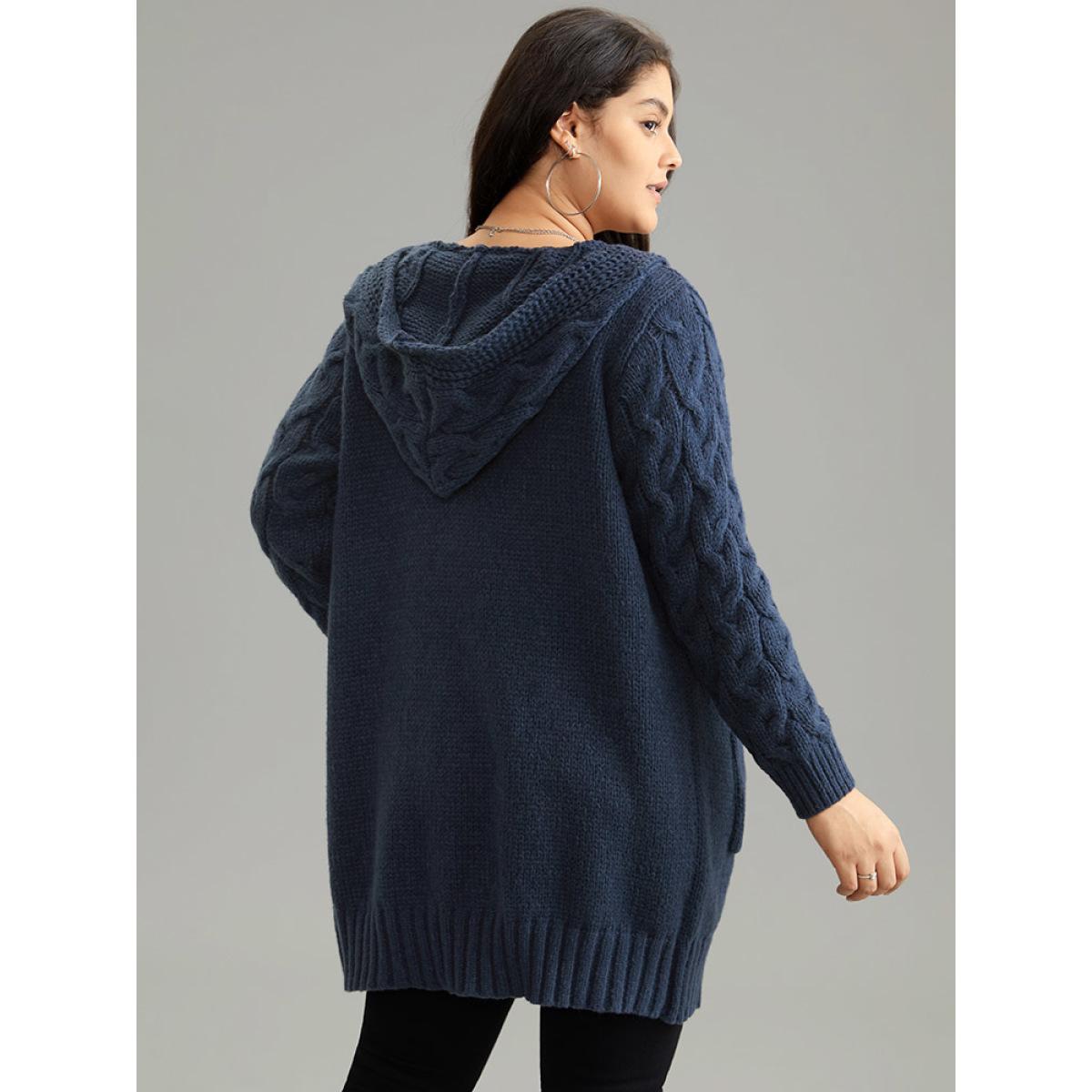 Plus Size Cable Knit Texture Pocket Hooded Cardigan Midnight Women Casual Loose Long Sleeve Dailywear Cardigans BloomChic 30/6X Product Image