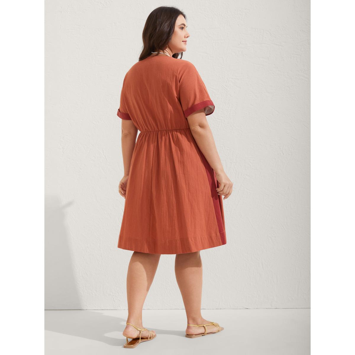 Plus Size Cotton Leafy Embroidery Color Contrast Midi Dress OrangeRed Women Boho V-neck Short sleeve Curvy BloomChic 14-16/1X Product Image