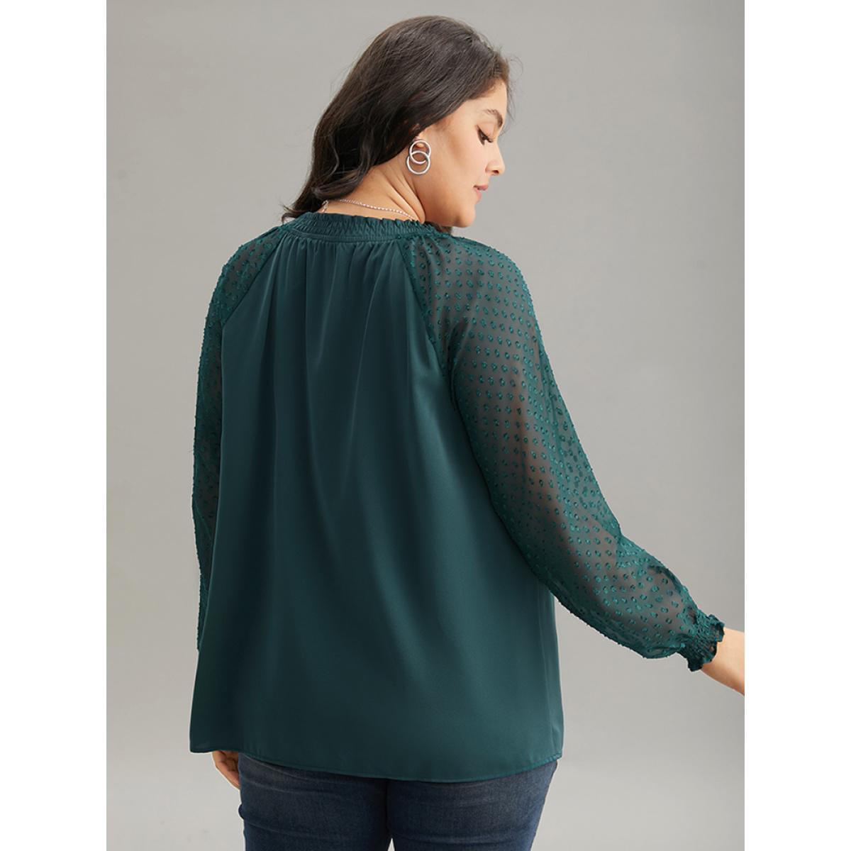 Plus Size Arctic Static-Free Solid Shirred Mesh Texture Keyhole Blouse Women Office Long Sleeve Keyhole Cut-Out Dailywear Blouses BloomChic 10/M Product Image