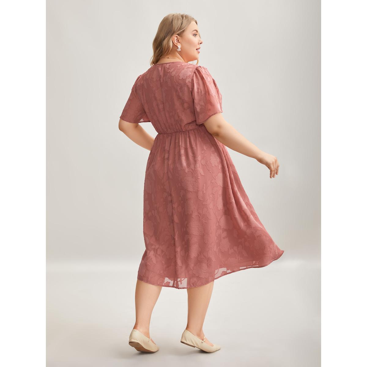 Plus Size Textured Surplice Neck Flared Sleeve Midi Dress Rouge Women Elegant Texture Overlap Collar Short sleeve Curvy BloomChic 22-24/3X Product Image