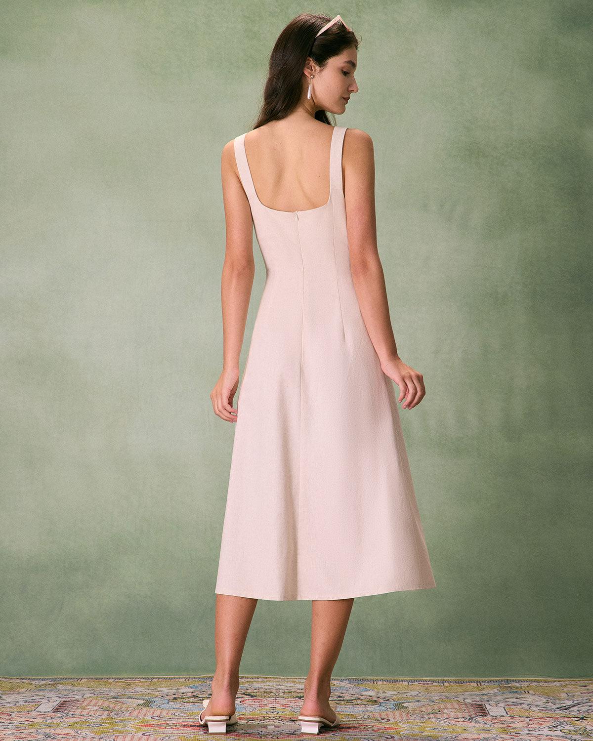 The Khaki Square Neck Contrast Midi Dress Product Image