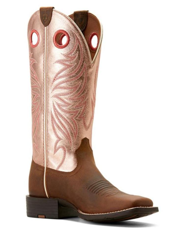 SALE Ariat® Ladies' Roundup Ryder Distressed Brown/Metallic Rose Square Toe Boots Product Image