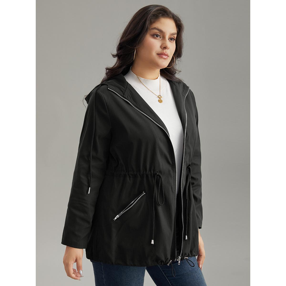 Plus Size Solid Hooded Drawstring Zipper Jacket Women Black Casual Plain Ladies Dailywear Winter Coats BloomChic 10/M Product Image