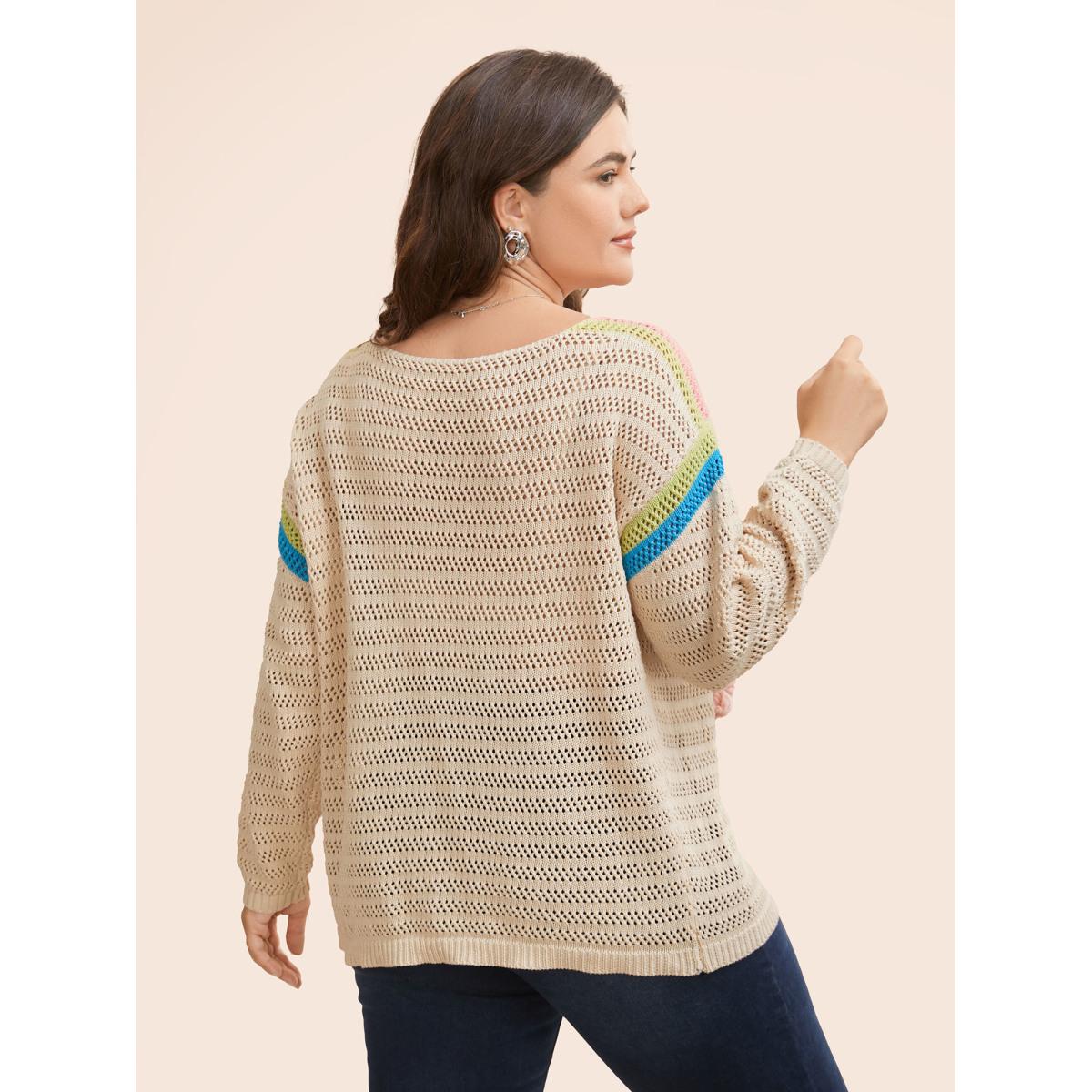 Plus Size Colored Stereo Flower Design Pullover Beige Women Casual Three Quarter Length Sleeve Boat Neck Everyday Pullovers BloomChic 26/4X Product Image