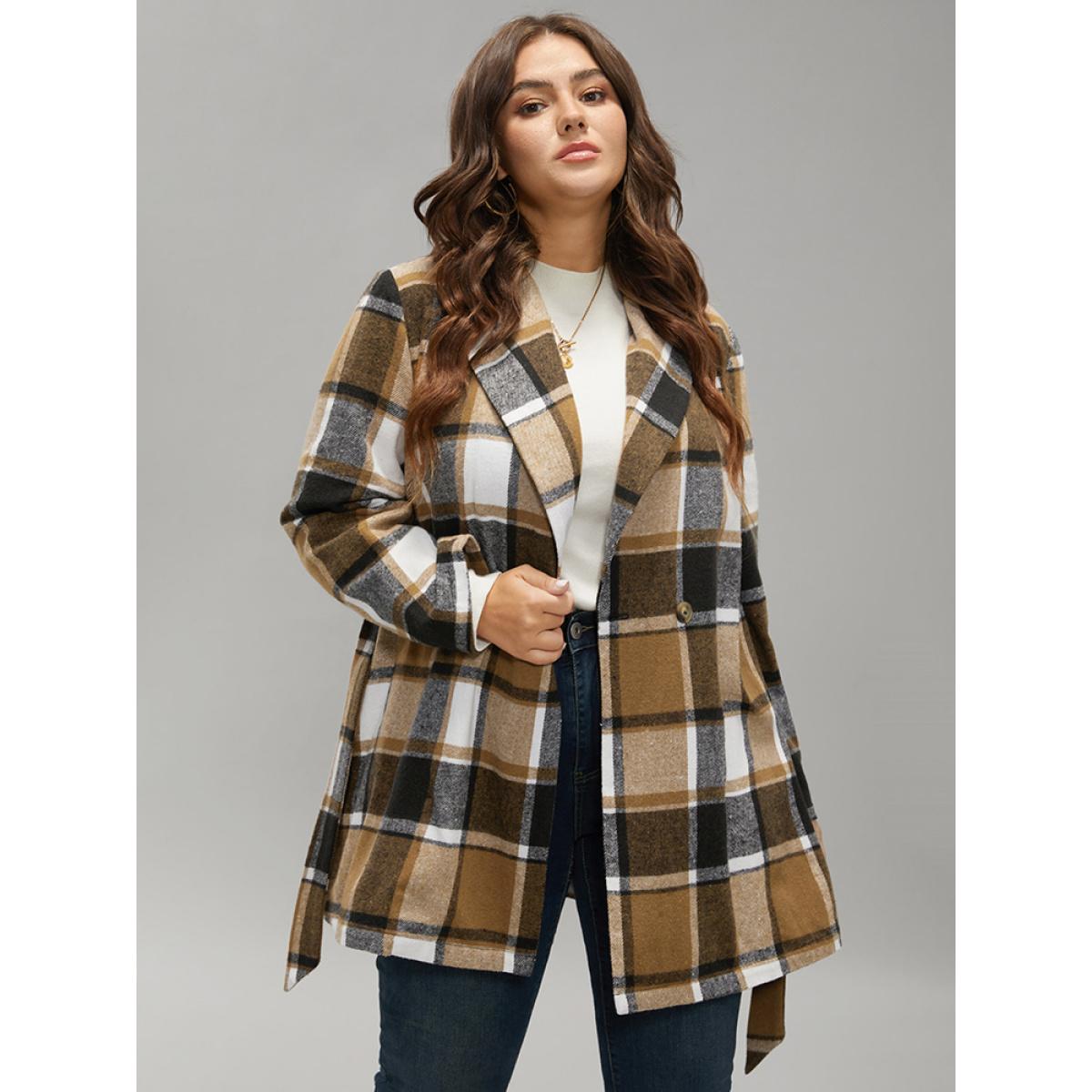 Plus Size Plaid Contrast Belted Lapel Collar Coat Women Tan Casual Belted Ladies Dailywear Winter Coats BloomChic 30/6X Product Image