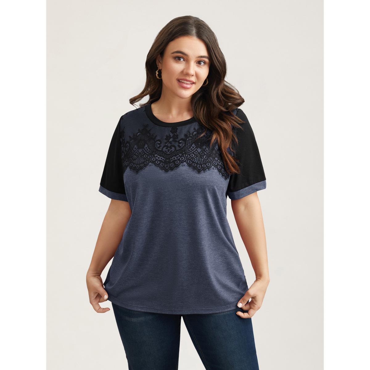 Plus Size Stretchy Scalloped Lace Color Contrast T-Shirt DarkSlateGray Women Timeless Contrast Round Neck Elegant T-shirts BloomChic 12/L Product Image