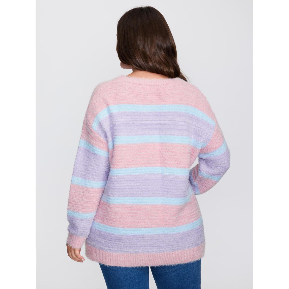 Plus Size Color Stripe Fluffy Textured Pullover Lilac Women Playful Loose Long Sleeve Round Neck Casual Pullovers BloomChic 14-16/1X Product Image