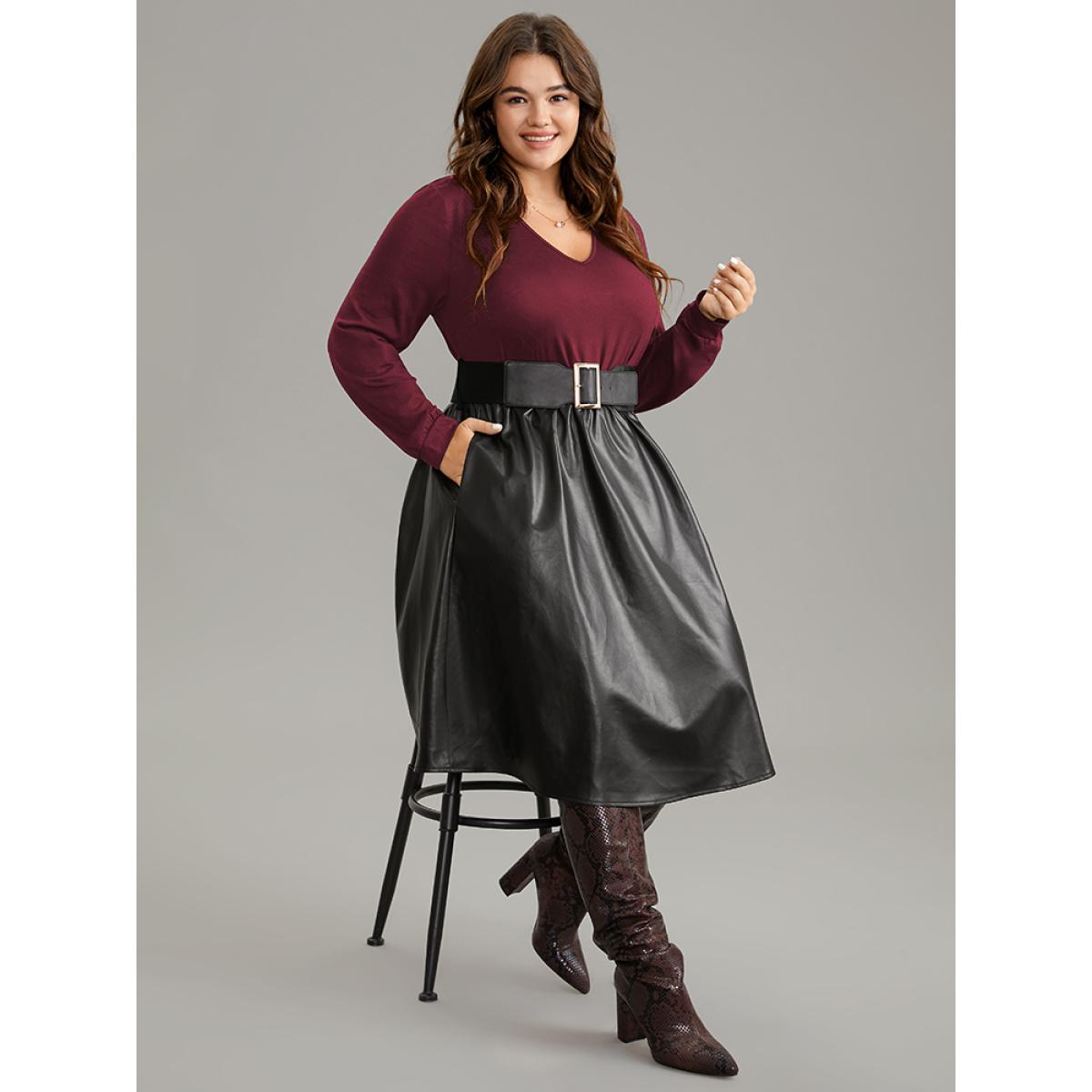 Plus Size PU Patchwork V Neck Dress With Belt Burgundy Women Office Plain V-neck Long Sleeve Curvy Knee Dress BloomChic 10/M Product Image