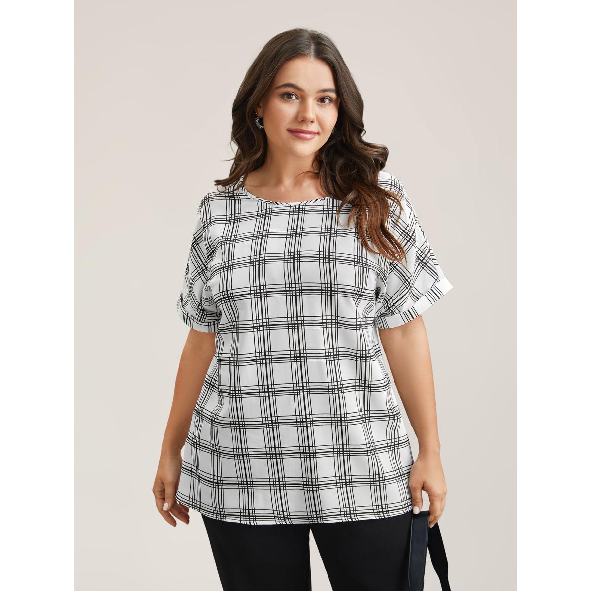 Plus Size WhiteSmoke Plaid Rolled Hem Dolman Sleeve Shirt Women At the Office Short sleeve Round Neck Work Blouses BloomChic 26/4X Product Image