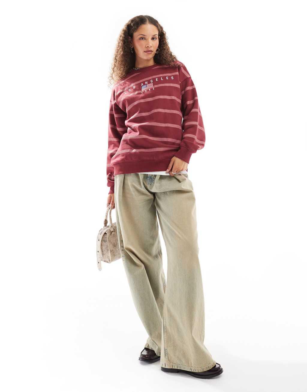 Daisy Street pink stripe LA embroidered sweatshirt Product Image