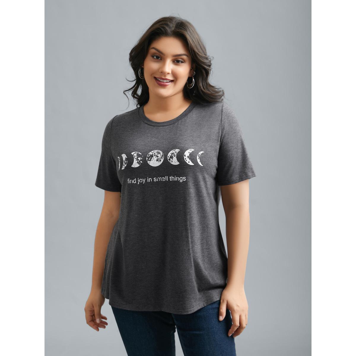 Plus Size Round Neck Lunar Pattern Slim-Fit T-Shirt DimGray Women Casual Non Star and moon Round Neck Everyday T-shirts BloomChic 26/4X Product Image