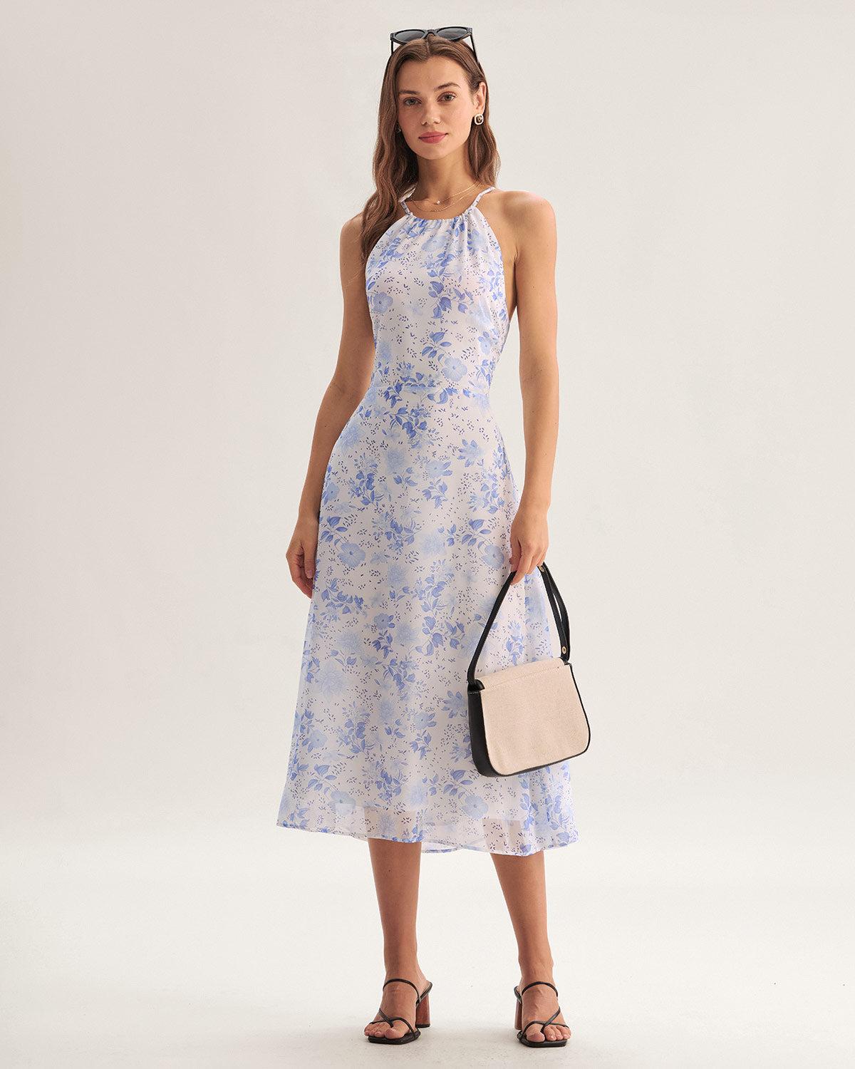 Blue Floral Halter Midi Dress Product Image