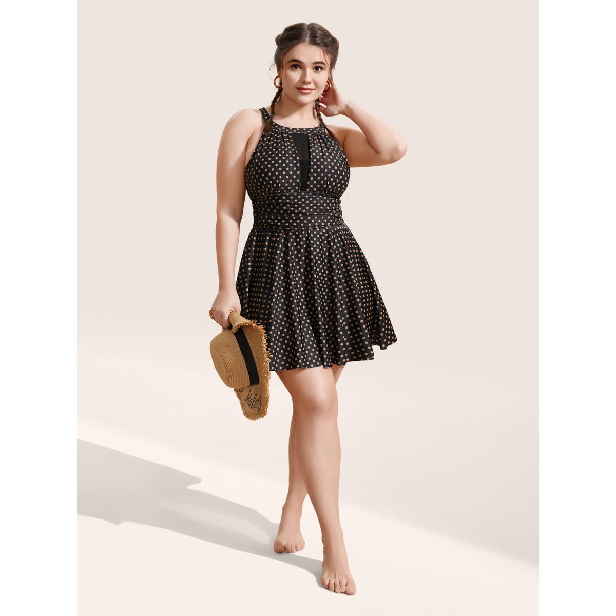 Plus Size Polka Dot Halter Neck Gathered Swim Dress Women's Swimwear Black Beach Bodycon Halter neck High stretch Curve Swim Dresses BloomChic 10/M Product Image