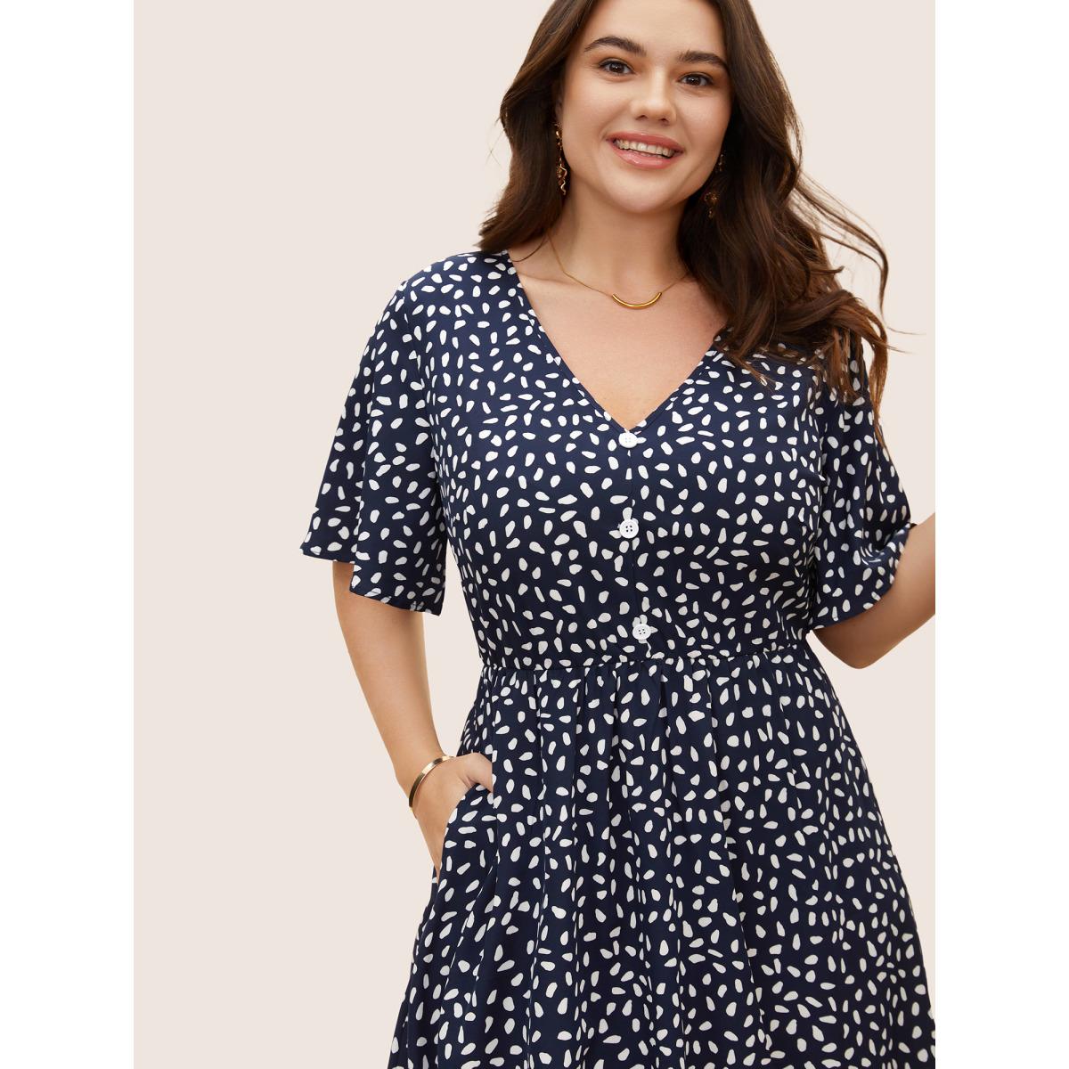 Plus Size Polka Dot Button Detail Ruffle Sleeve Pleated Dress DarkBlue Women Elegant Button V-neck Short sleeve Curvy BloomChic 30/6X Product Image