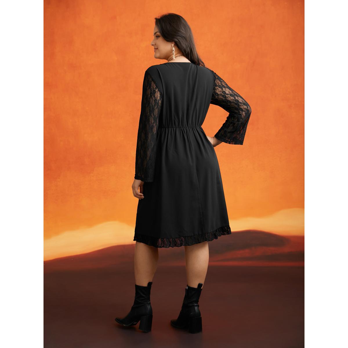 Plus Size Spellbound Lace Sleeves Square Neckline Midi Dress Black Women Cocktail Woven ribbon&lace trim Party Curvy Bloomchic 10/M Product Image
