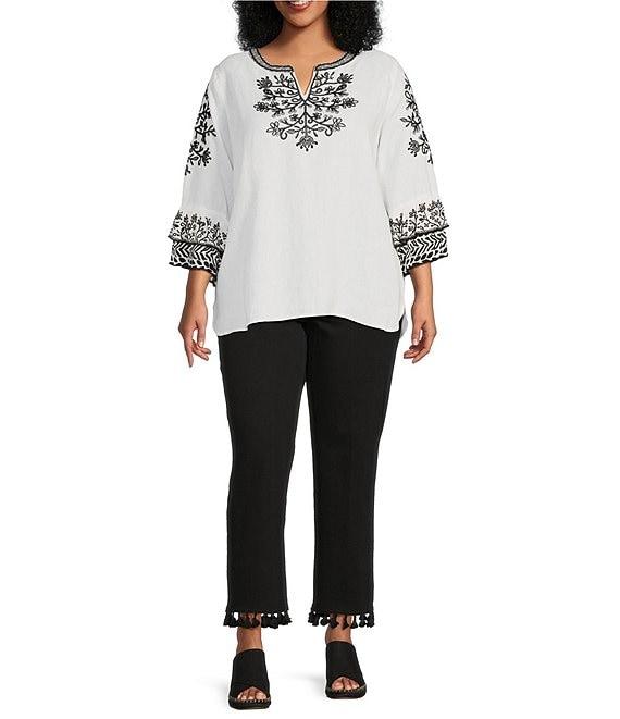 John Mark Plus Size Floral Embroidered Split V-Neck 3/4 Sleeve Tunic Product Image