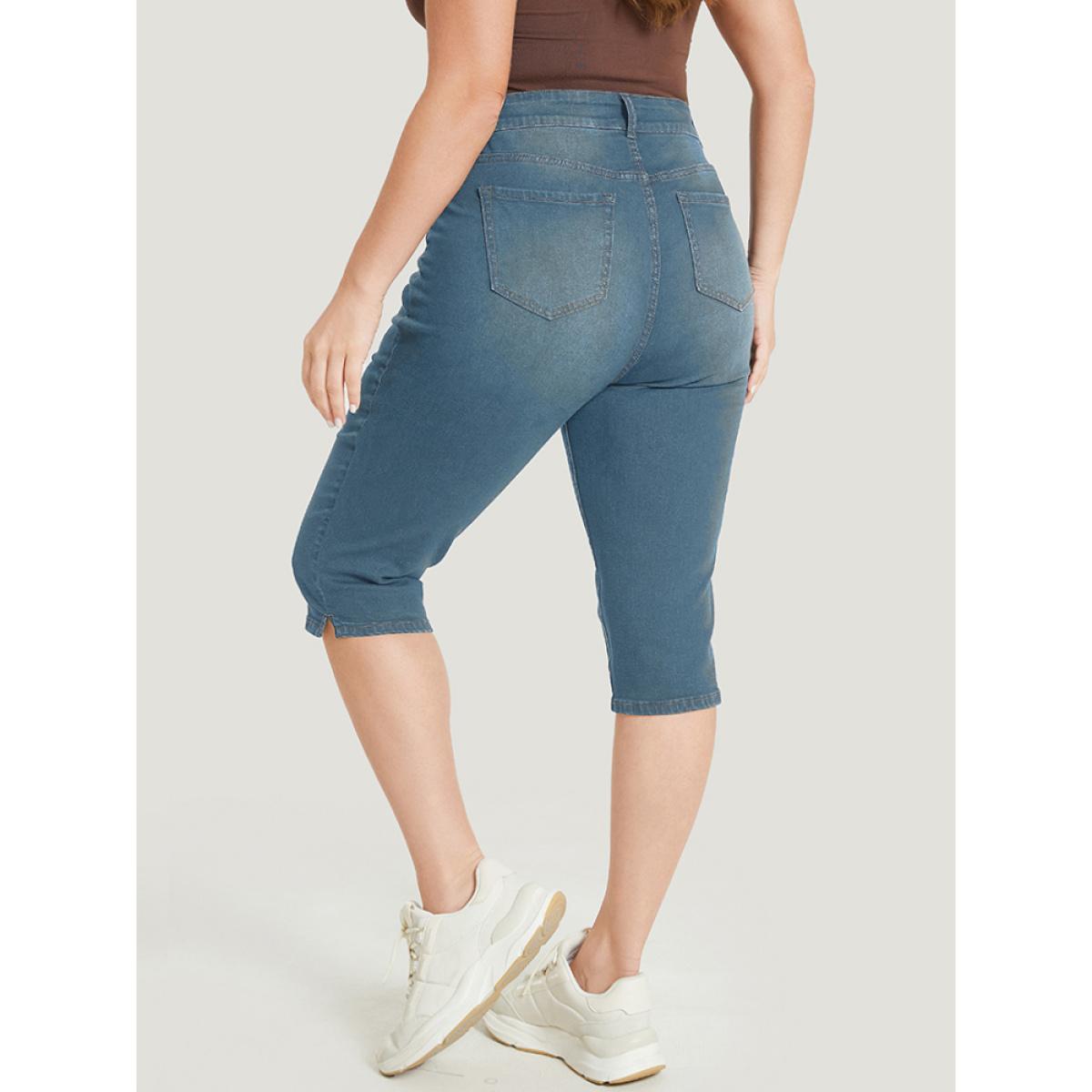 Plus Size Skinny Very Stretchy Dark Wash Split Knee Denim Shorts Women Aegean High stretch Dailywear Side seam pocket Casual Denim Shorts BloomChic 30/6X Product Image