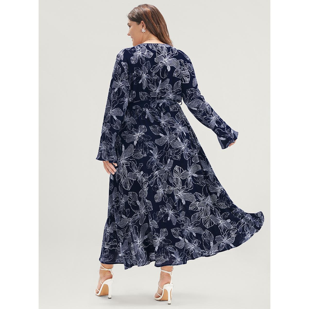 Plus Size Floral Print Belted Pocket Split Hem Wrap Dress DarkBlue Women Elegant Pocket V-neck Long Sleeve Curvy Midi Dress BloomChic 14-16/1X Product Image