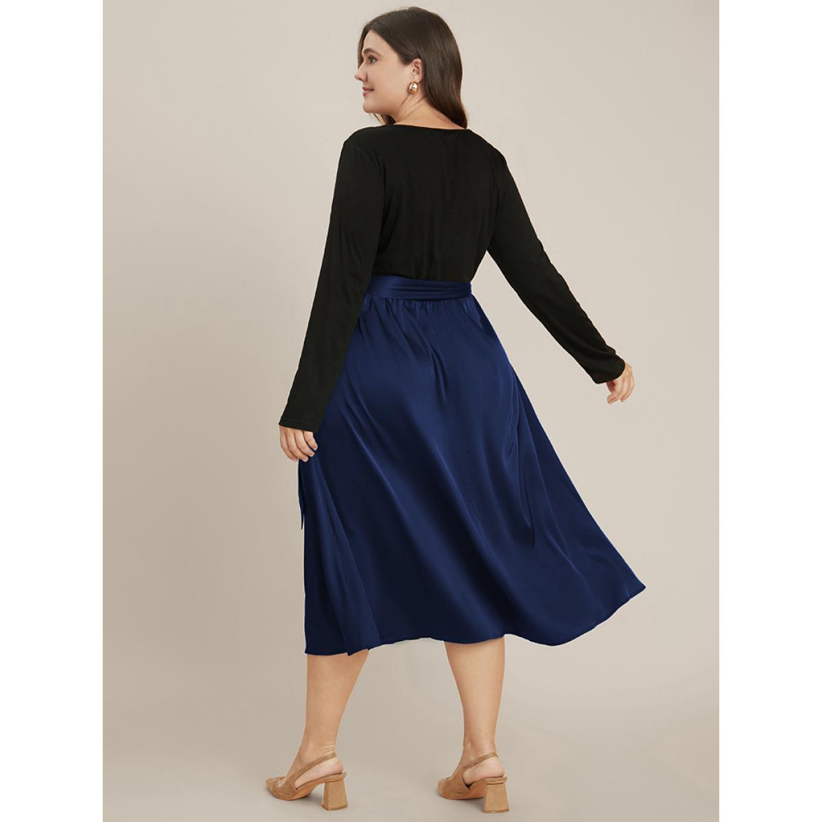 Plus Size Solid Round Neck Pocket Button Detail Belted Satin Dress DarkBlue Women Office Patchwork Round Neck Long Sleeve Curvy Midi Dress BloomChic 26/4X Product Image