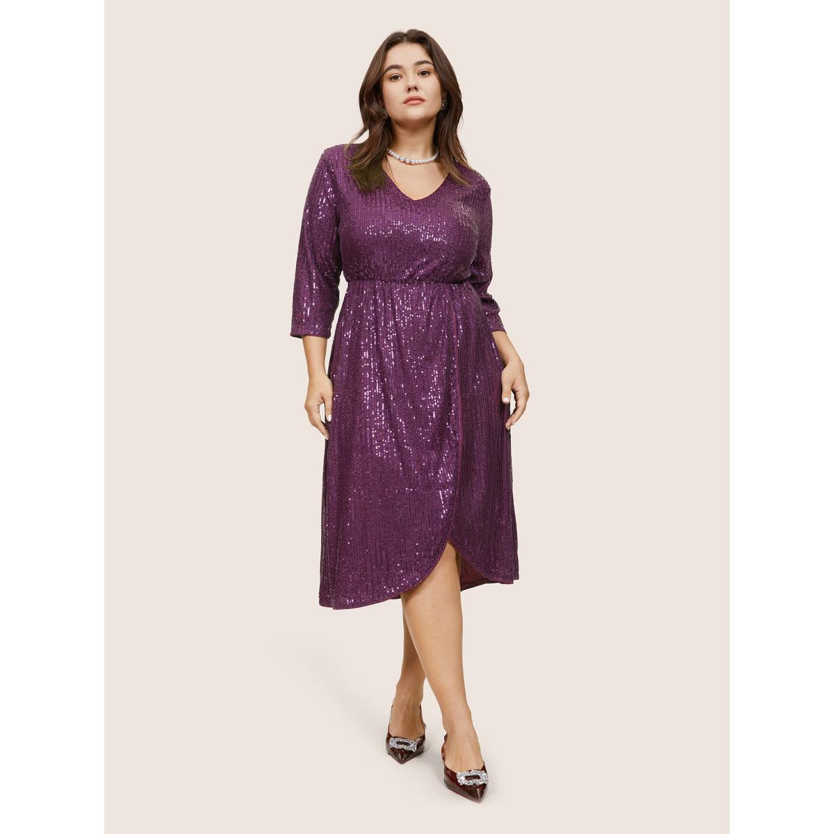 Plus Size Solid Sequin Wrap Hem Elastic Waist Dress Purple Women Cocktail Sequin V-neck Elbow-length sleeve Curvy Midi Dress BloomChic 28/5X Product Image