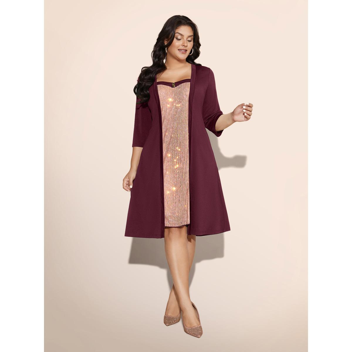 Plus Size Heart Neckline Patchwork Sequin Button Detail Dress Plum Women Cocktail Texture Party Curvy Bloomchic 18-20/2X Product Image
