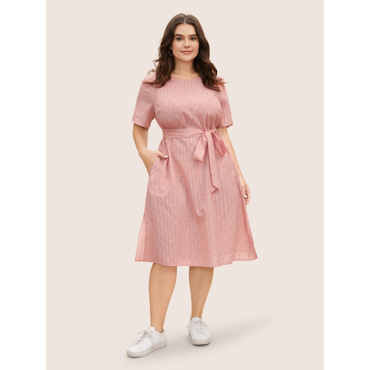Plus Size Polka Dot Jacquard Split Hem Belted Dress Beanpastepowder Women Casual Texture Round Neck Short sleeve Curvy BloomChic 18-20/2X Product Image